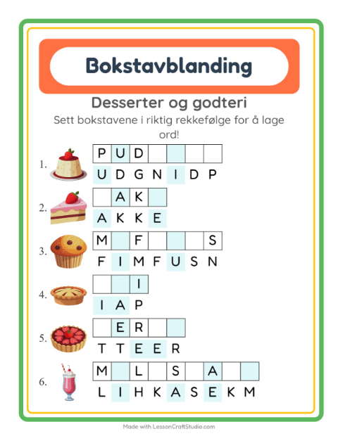 Forhåndsvisning av Bokstavspill-arbeidsark med Desserter og godteri for 1. trinn