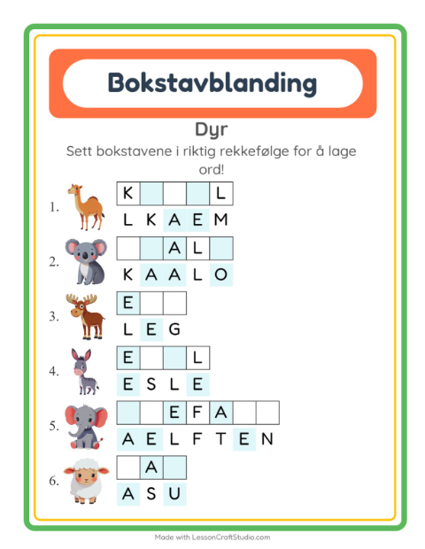 Forhåndsvisning av Bokstavspill-arbeidsark med Dyr for 1. trinn