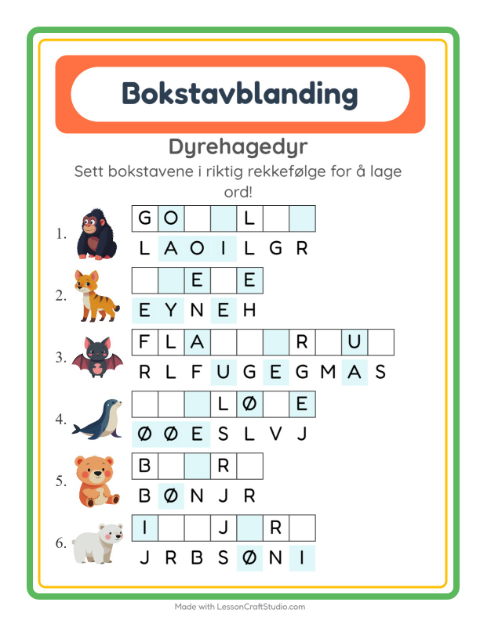 Forhåndsvisning av Bokstavspill-arbeidsark med Dyrehagedyr for 1. trinn