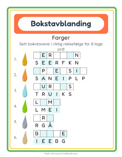 Forhåndsvisning av Bokstavspill-arbeidsark med Farger for 1. trinn
