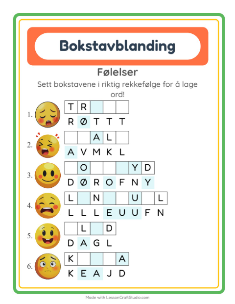 Forhåndsvisning av Bokstavspill-arbeidsark med Følelser for 1. trinn