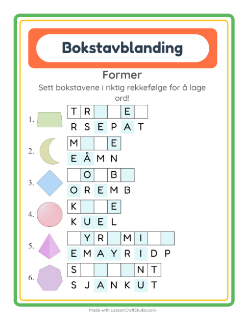 Forhåndsvisning av Bokstavspill-arbeidsark med Former for 1. trinn