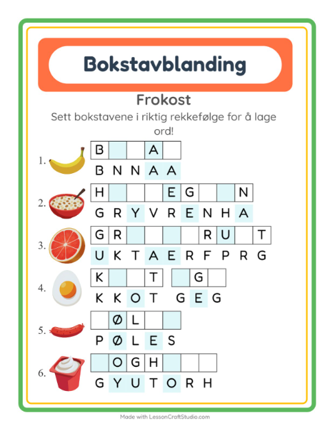 Forhåndsvisning av Bokstavspill-arbeidsark med Frokost for 1. trinn