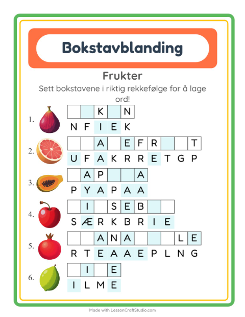 Forhåndsvisning av Bokstavspill-arbeidsark med Frukter for 1. trinn