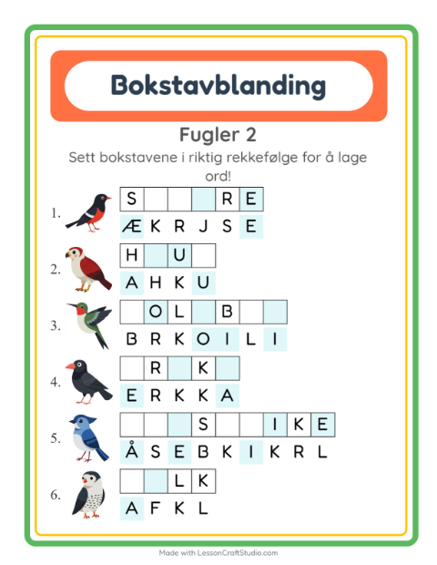 Forhåndsvisning av Bokstavspill-arbeidsark med Fugler 2 for 1. trinn