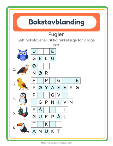 Forhåndsvisning av Bokstavspill-arbeidsark med Fugler for 1. trinn