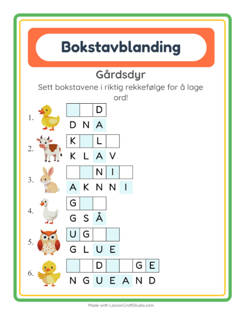 Forhåndsvisning av Bokstavspill-arbeidsark med Gårdsdyr for 1. trinn