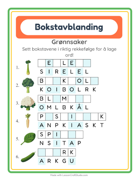 Forhåndsvisning av Bokstavspill-arbeidsark med Grønnsaker for 1. trinn