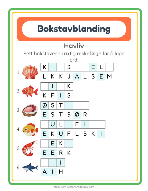 Forhåndsvisning av Bokstavspill-arbeidsark med Havliv for 1. trinn
