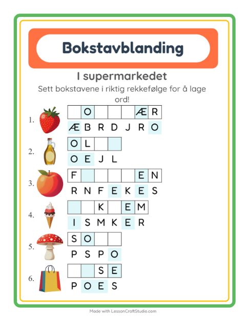 Forhåndsvisning av Bokstavspill-arbeidsark med I supermarkedet for 1. trinn