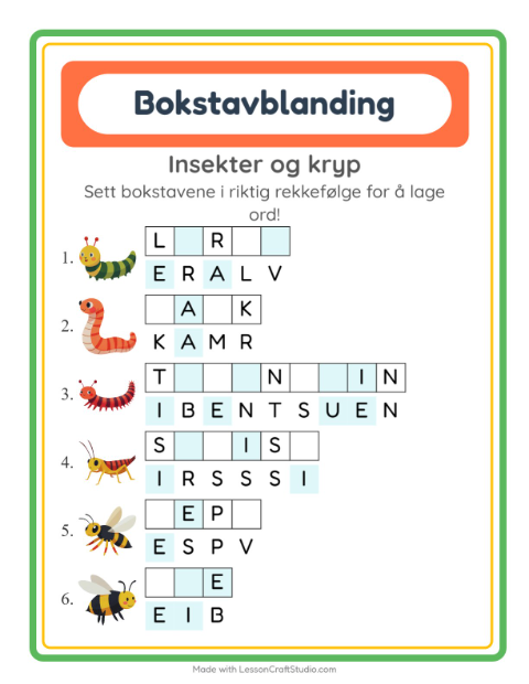 Forhåndsvisning av Bokstavspill-arbeidsark med Insekter og kryp for 1. trinn