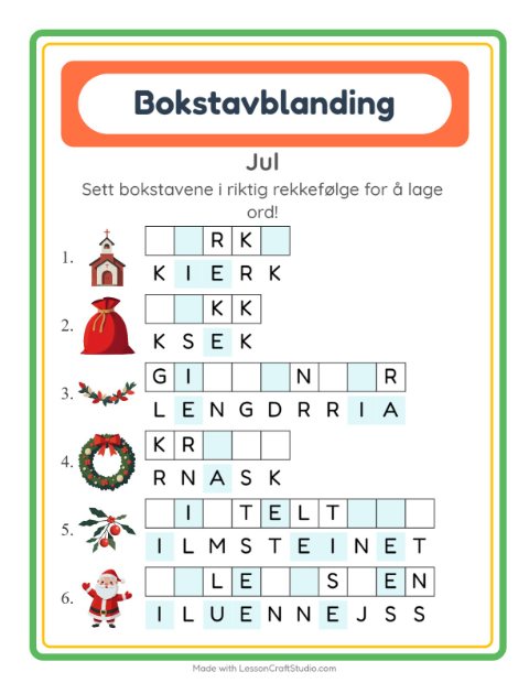 Forhåndsvisning av Bokstavspill-arbeidsark med Jul for 1. trinn