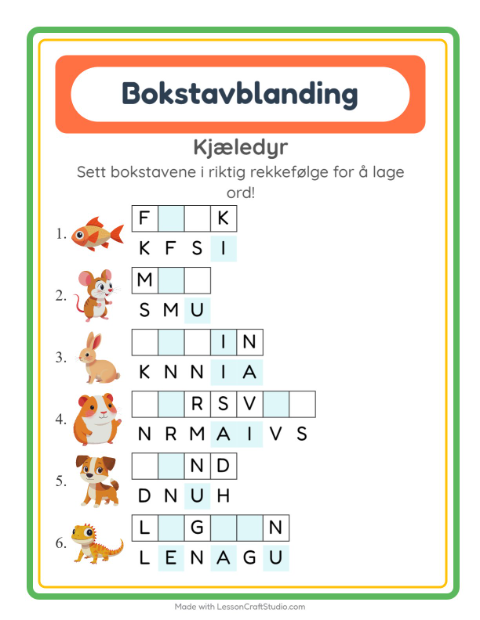 Forhåndsvisning av Bokstavspill-arbeidsark med Kjæledyr for 1. trinn