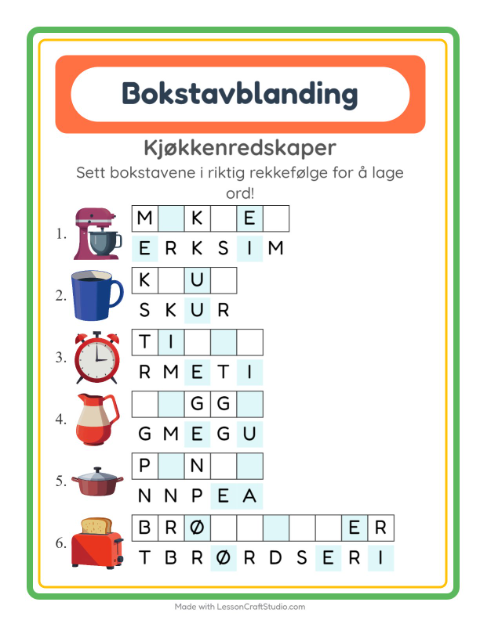 Forhåndsvisning av Bokstavspill-arbeidsark med Kjøkkenredskaper for 1. trinn