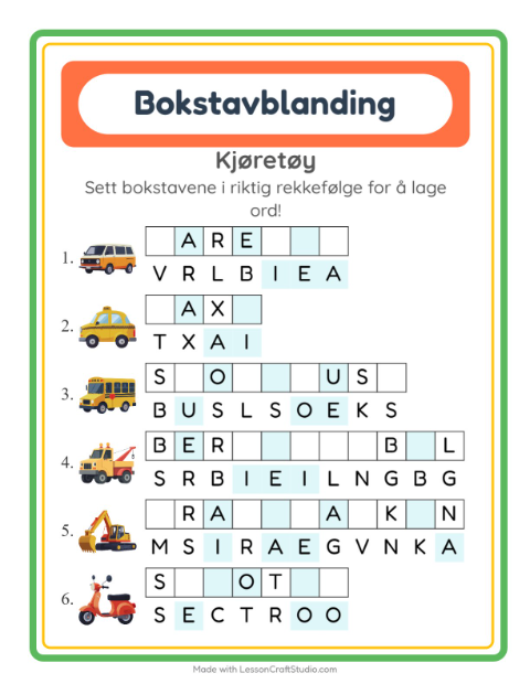 Forhåndsvisning av Bokstavspill-arbeidsark med Kjøretøy for 1. trinn