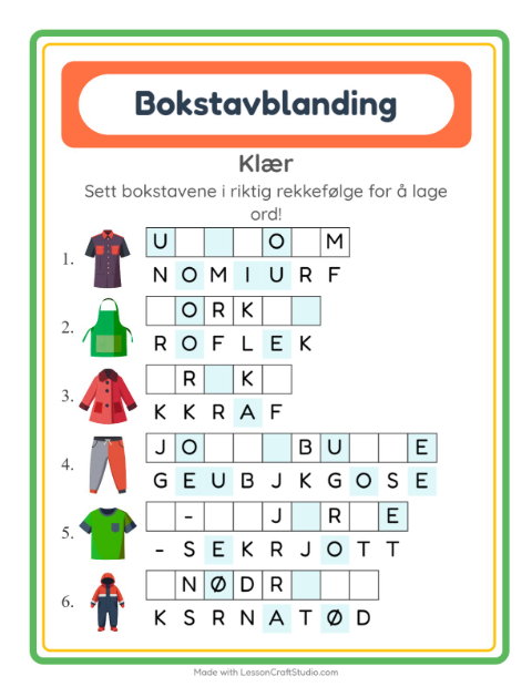 Forhåndsvisning av Bokstavspill-arbeidsark med Klær for 1. trinn
