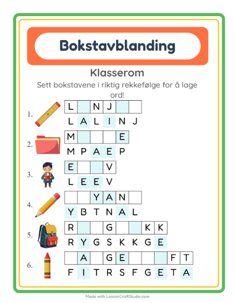 Forhåndsvisning av Bokstavspill-arbeidsark med Klasserom for 1. trinn