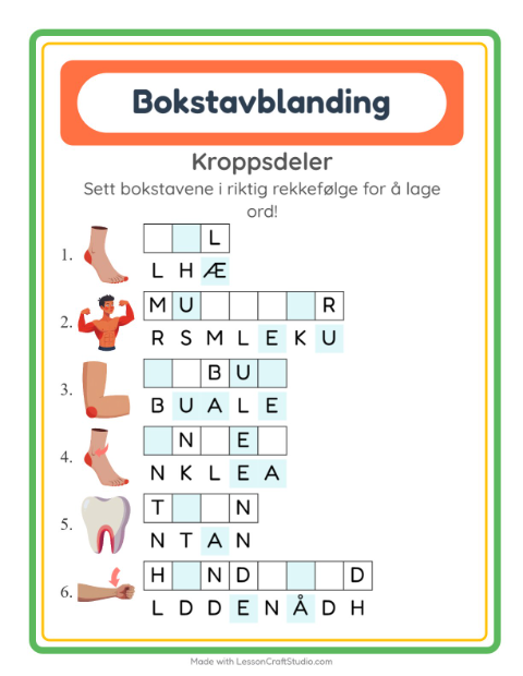 Forhåndsvisning av Bokstavspill-arbeidsark med Kroppsdeler for 1. trinn
