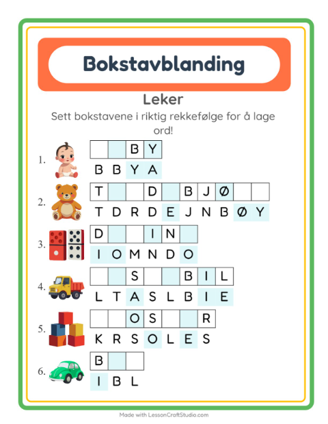 Forhåndsvisning av Bokstavspill-arbeidsark med Leker for 1. trinn