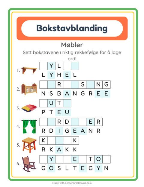 Forhåndsvisning av Bokstavspill-arbeidsark med Møbler for 1. trinn