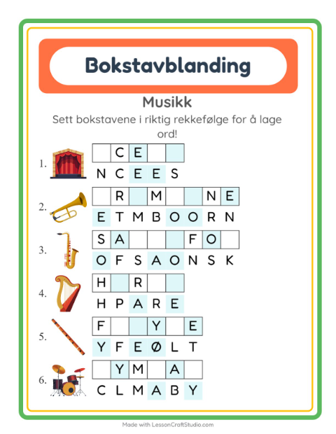 Forhåndsvisning av Bokstavspill-arbeidsark med Musikk for 1. trinn