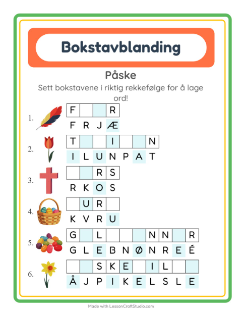 Forhåndsvisning av Bokstavspill-arbeidsark med Påske for 1. trinn