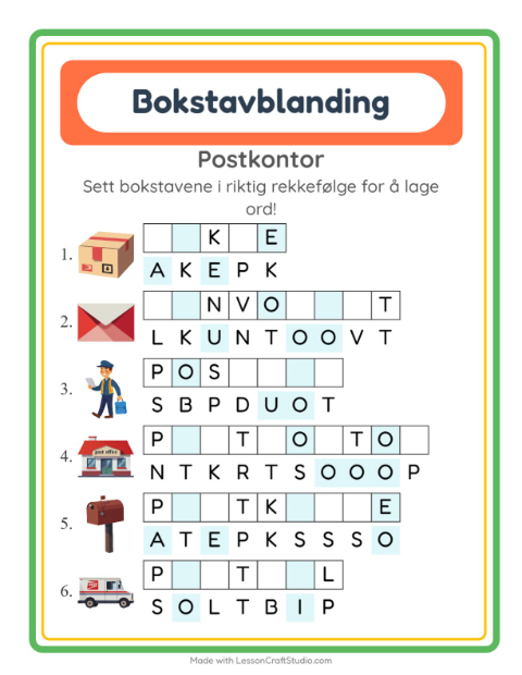 Forhåndsvisning av Bokstavspill-arbeidsark med Postkontor for 1. trinn
