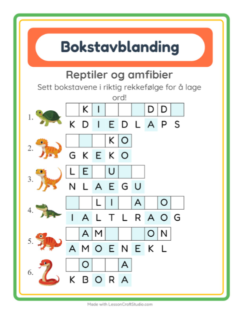 Forhåndsvisning av Bokstavspill-arbeidsark med Reptiler og amfibier for 1. trinn