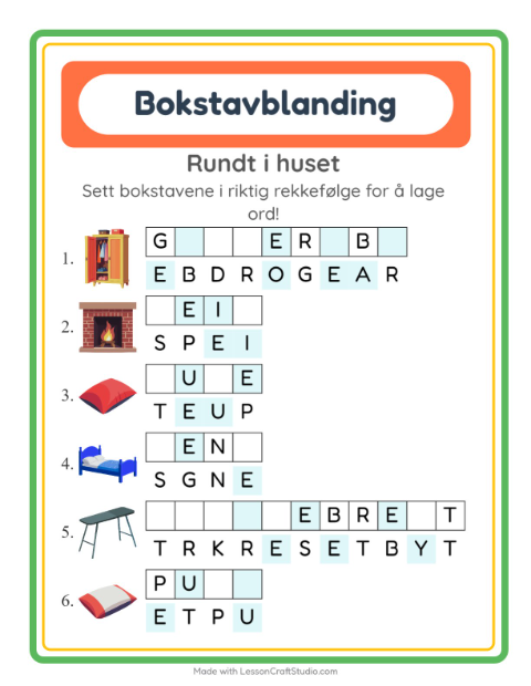 Forhåndsvisning av Bokstavspill-arbeidsark med Rundt i huset for 1. trinn