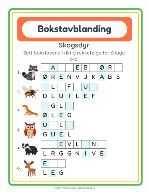 Forhåndsvisning av Bokstavspill-arbeidsark med Skogsdyr for 1. trinn