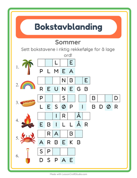 Forhåndsvisning av Bokstavspill-arbeidsark med Sommer for 1. trinn