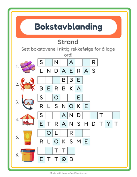 Forhåndsvisning av Bokstavspill-arbeidsark med Strand for 1. trinn