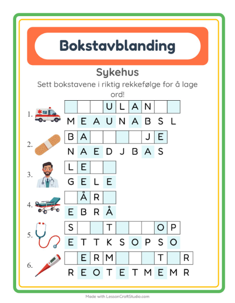Forhåndsvisning av Bokstavspill-arbeidsark med Sykehus for 1. trinn