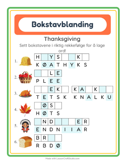 Forhåndsvisning av Bokstavspill-arbeidsark med Thanksgiving for 1. trinn