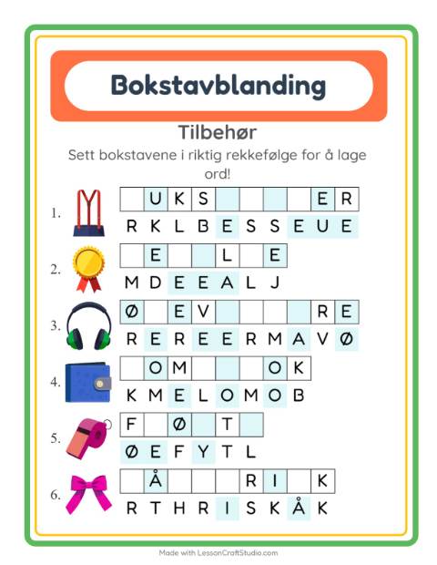 Forhåndsvisning av Bokstavspill-arbeidsark med Tilbehør for 1. trinn