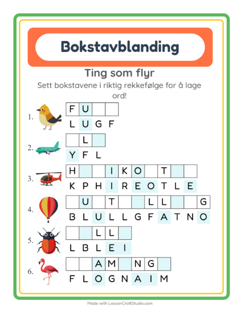 Forhåndsvisning av Bokstavspill-arbeidsark med Ting som flyr for 1. trinn