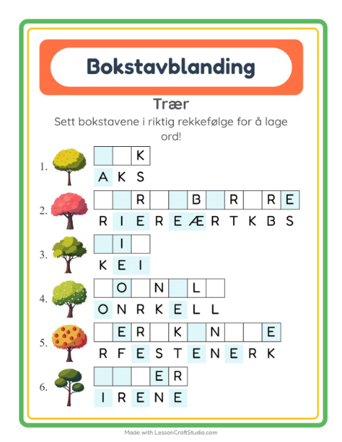 Forhåndsvisning av Bokstavspill-arbeidsark med Trær for 1. trinn