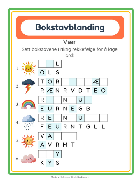 Forhåndsvisning av Bokstavspill-arbeidsark med Vær for 1. trinn