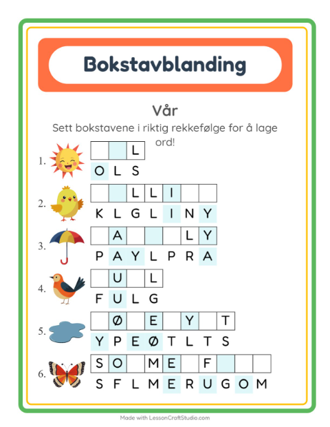 Forhåndsvisning av Bokstavspill-arbeidsark med Vår for 1. trinn