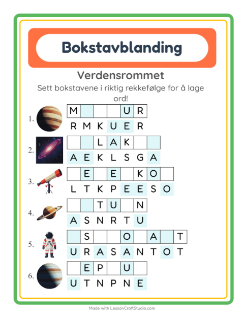 Forhåndsvisning av Bokstavspill-arbeidsark med Verdensrommet for 1. trinn