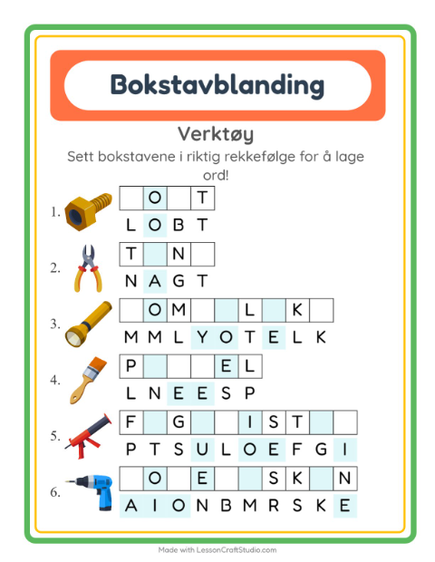 Forhåndsvisning av Bokstavspill-arbeidsark med Verktøy for 1. trinn