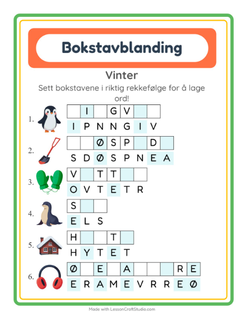 Forhåndsvisning av Bokstavspill-arbeidsark med Vinter for 1. trinn