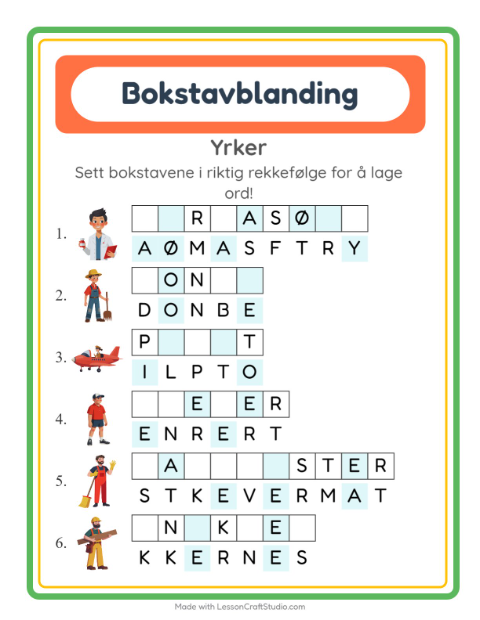 Forhåndsvisning av Bokstavspill-arbeidsark med Yrker for 1. trinn