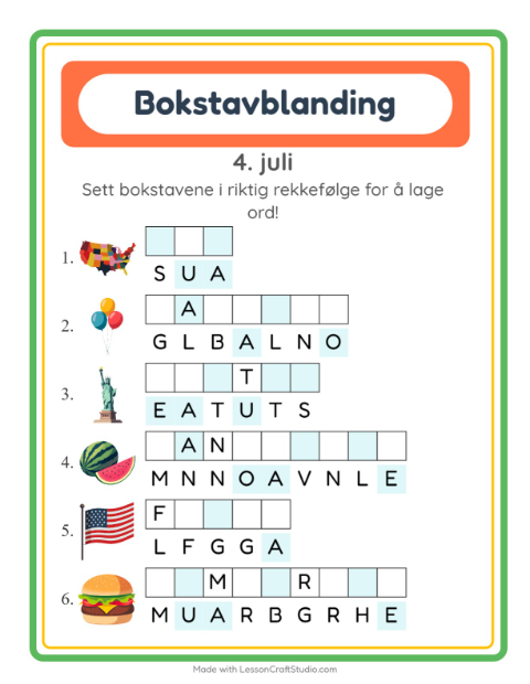 Forhåndsvisning av Bokstavspill-arbeidsark med 4. juli for 1. trinn