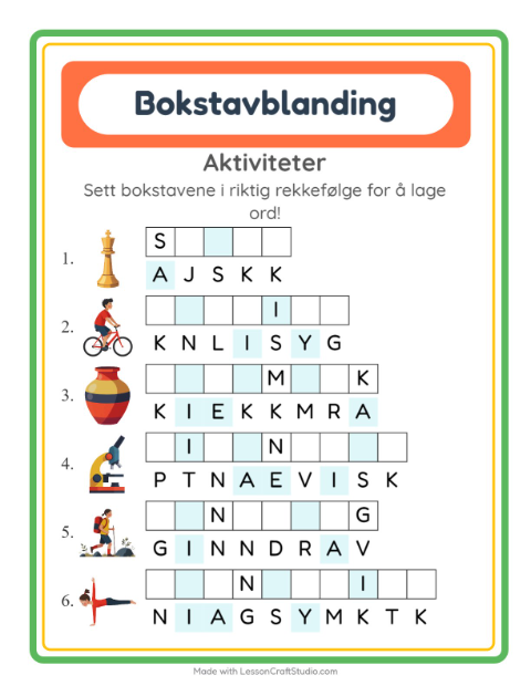 Forhåndsvisning av Bokstavspill-arbeidsark med Aktiviteter for 1. trinn