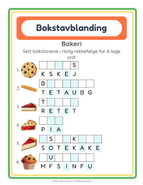 Forhåndsvisning av Bokstavspill-arbeidsark med Bakeri for 1. trinn