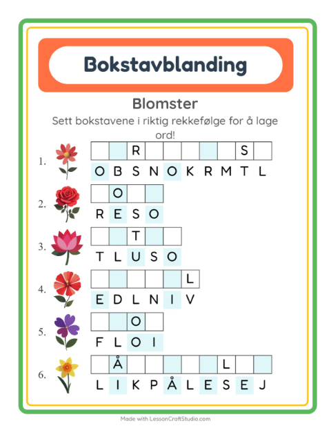 Forhåndsvisning av Bokstavspill-arbeidsark med Blomster for 1. trinn
