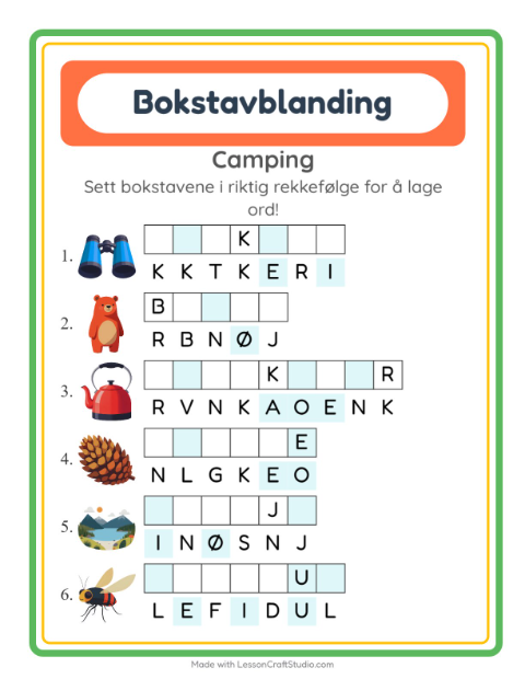 Forhåndsvisning av Bokstavspill-arbeidsark med Camping for 1. trinn