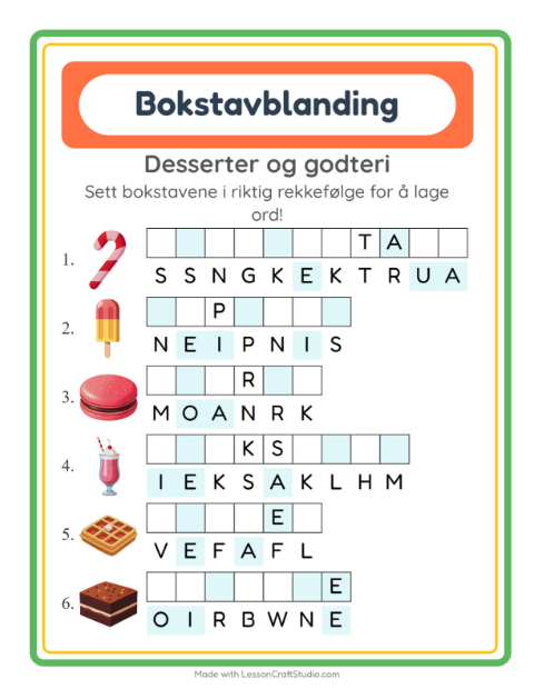Forhåndsvisning av Bokstavspill-arbeidsark med Desserter og godteri for 1. trinn
