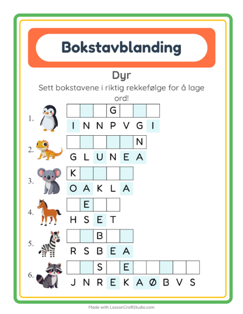 Forhåndsvisning av Bokstavspill-arbeidsark med Dyr for 1. trinn